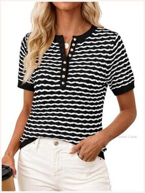 Knit Summer Top Button Henley Sweater Short Sleeve Crewneck